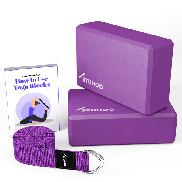 Heathyoga Yoga Block (2 Pack) & Strap Set - Purple